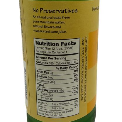 Vermont Sweetwater Mango Moonshine Soda bottle with yellow label and Nutrition Facts panel from The Country Christmas Loft on Tampa Home & Garden Store