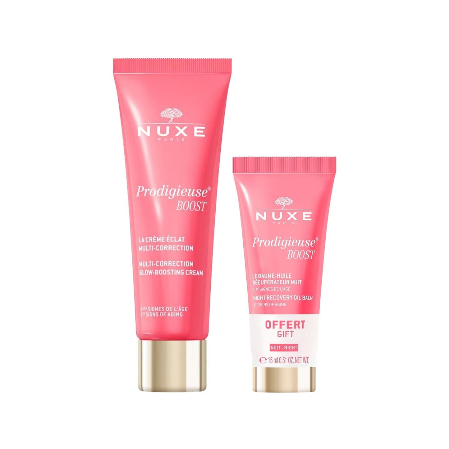 Prodigieuse Boost glow-boosting cream & night oil set, 2 pink tubes by Nuxe Paris on Tampa Home & Garden Store