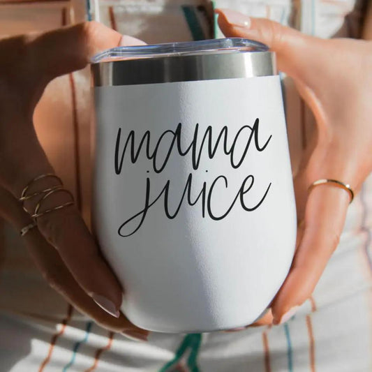 Mama Juice 12oz wine tumbler in white stainless steel with clear lid and black cursive text on Tampa Home & Garden Store
