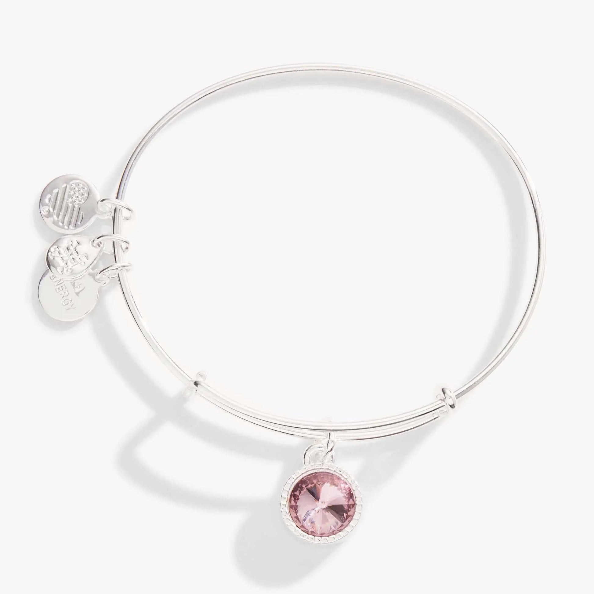 June Birthstone Charm Bangle in light amethyst; Alex and Ani bracelet with pink charm on Tampa Home & Garden Store