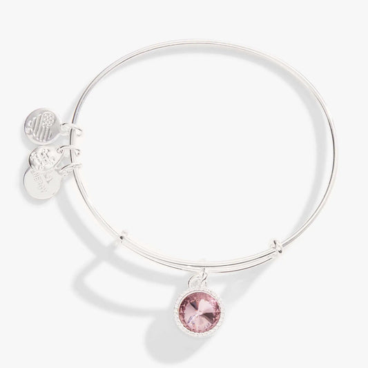 June Birthstone Charm Bangle in light amethyst; Alex and Ani bracelet with pink charm on Tampa Home & Garden Store