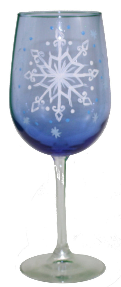 Verre à vin à pied peint à la main, inspiré par la fantaisie (Flocon de neige bleu)