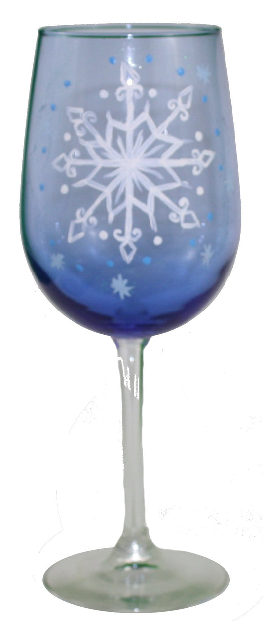 Copa de vino con tallo pintado a mano de inspiración caprichosa (copo de nieve azul)