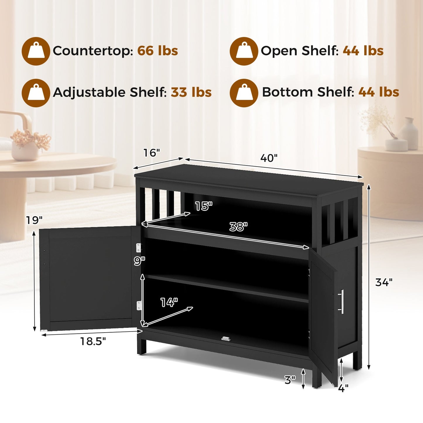 Mueble bufet de cocina con 2 puertas y estante - Negro