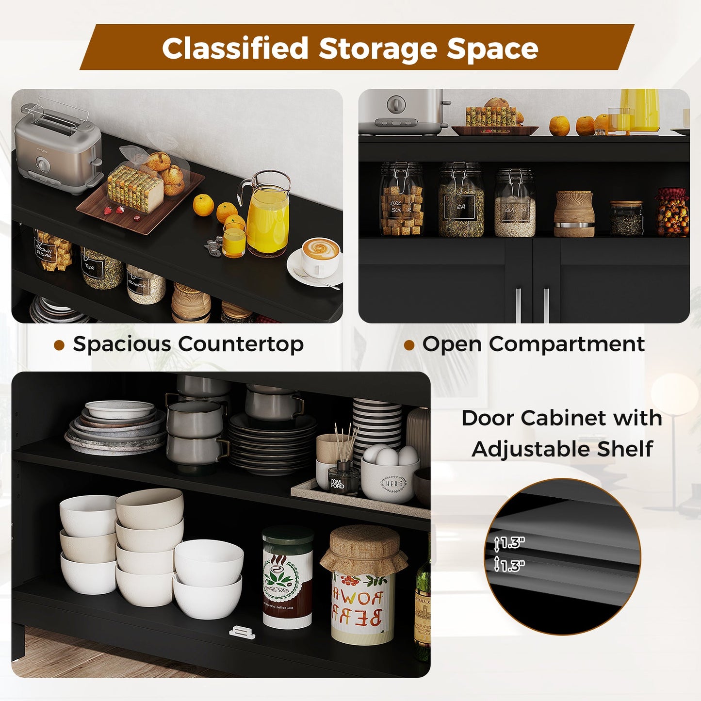 Mueble bufet de cocina con 2 puertas y estante - Negro