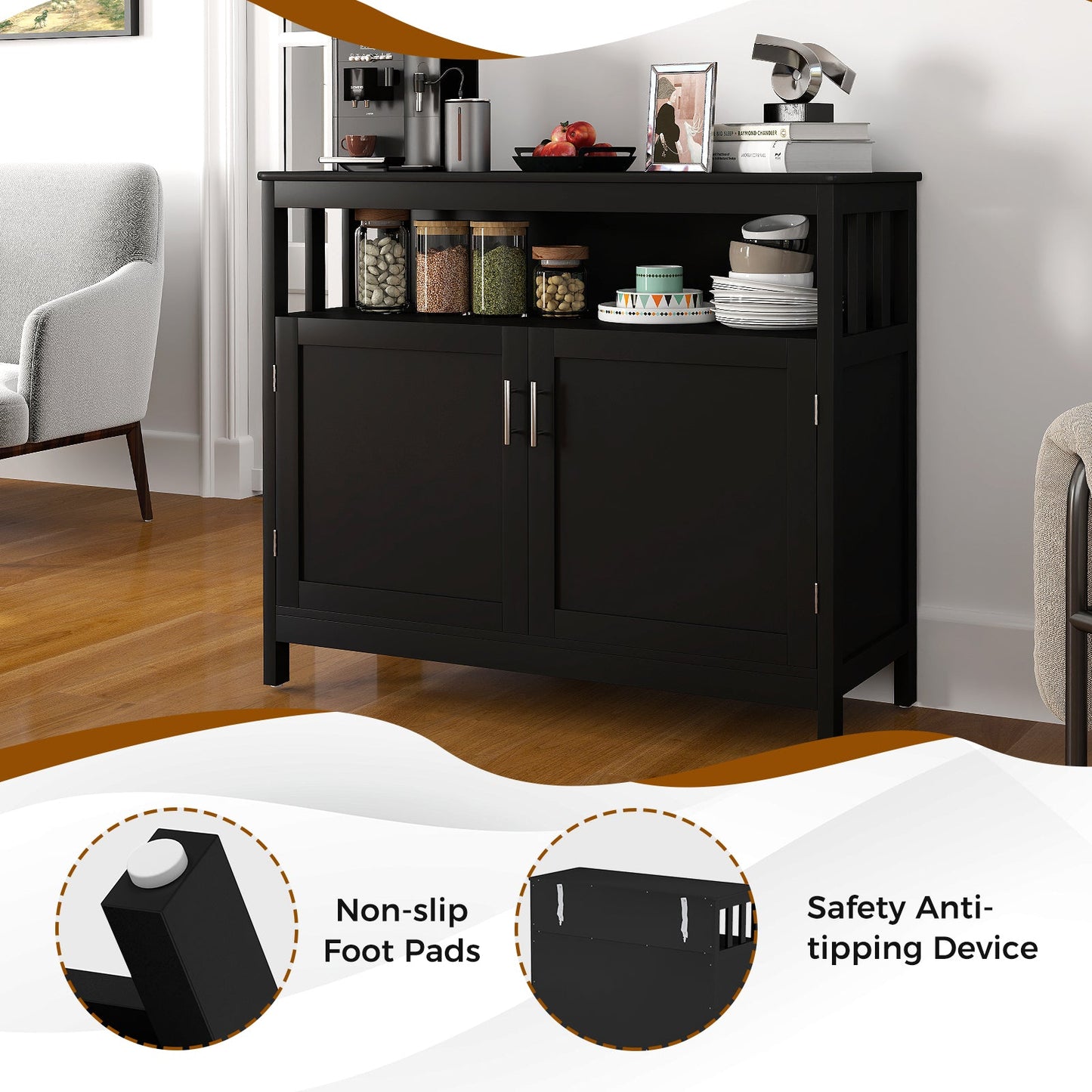 Mueble bufet de cocina con 2 puertas y estante - Negro