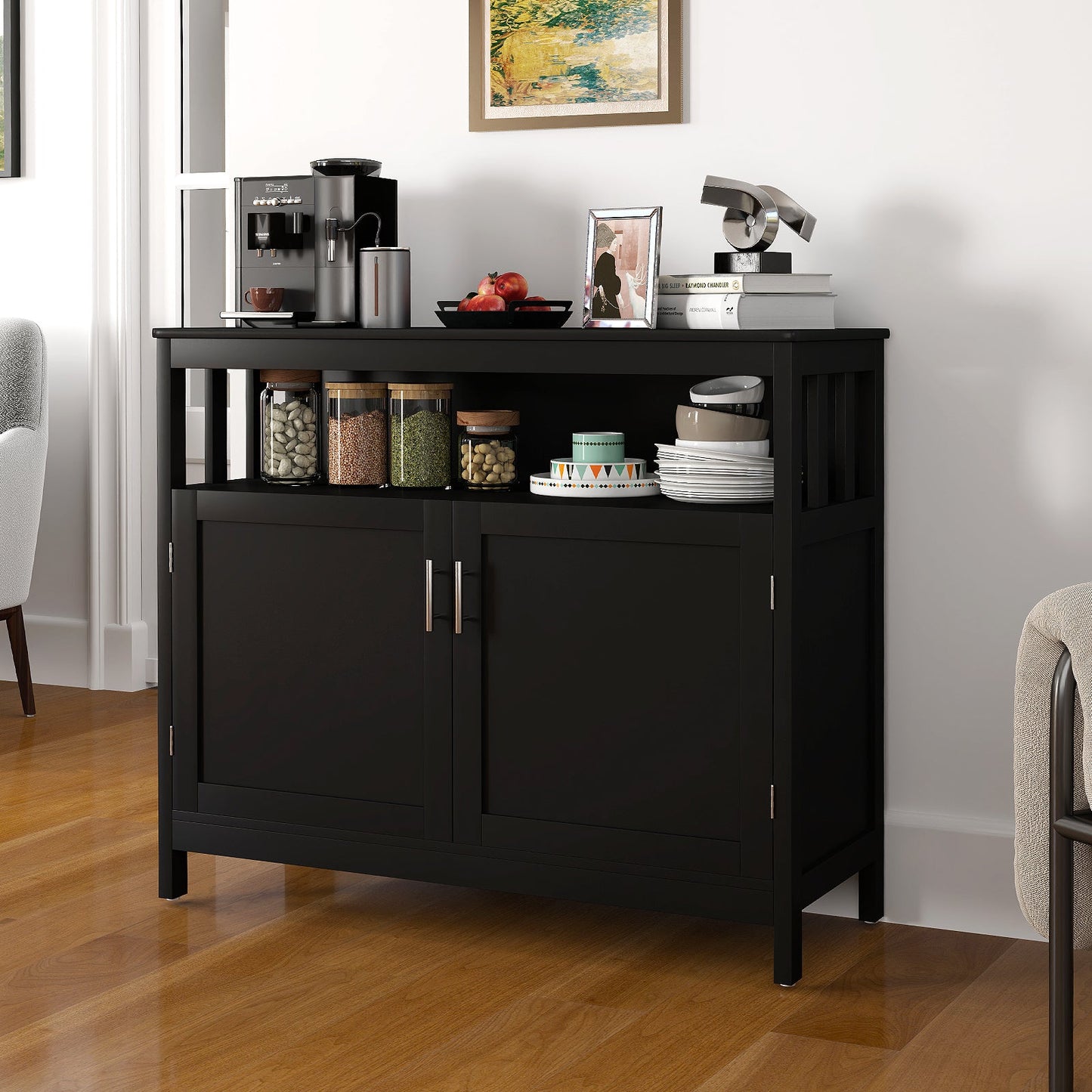 Mueble bufet de cocina con 2 puertas y estante - Negro
