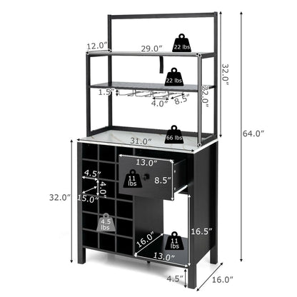 Estantería de cocina para panadero con botellero independiente, mesa con soporte para copas y cajón - Negra