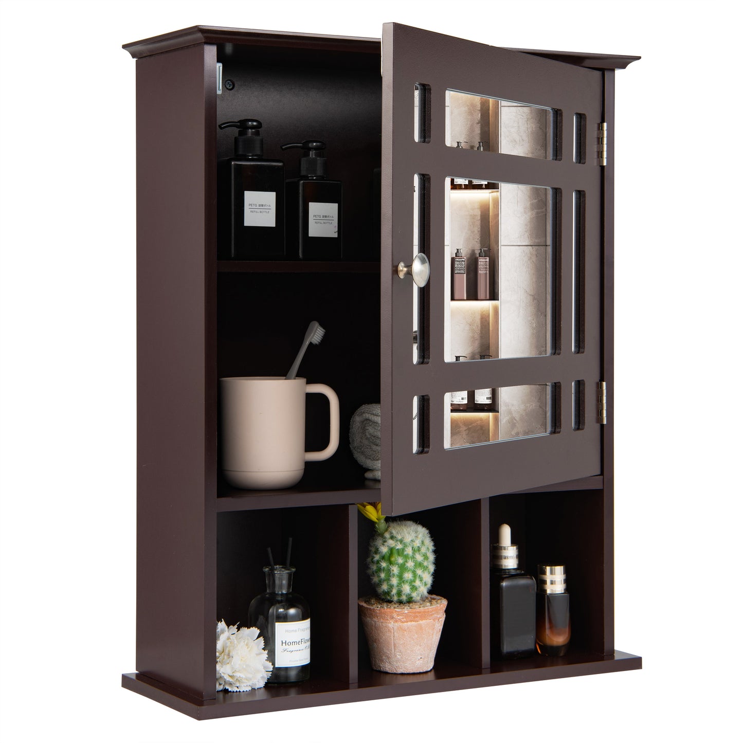 Mueble de baño con espejo y para montar en la pared - Marrón