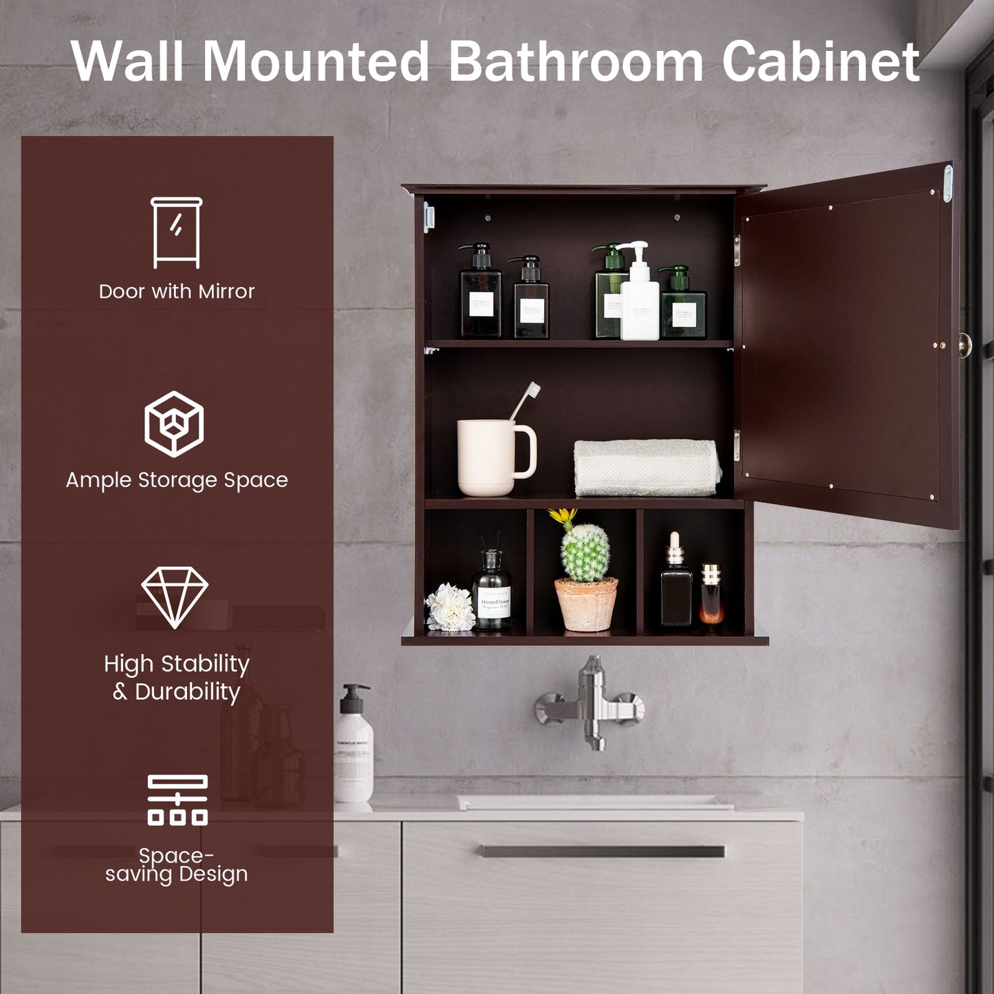 Mueble de baño con espejo y para montar en la pared - Marrón