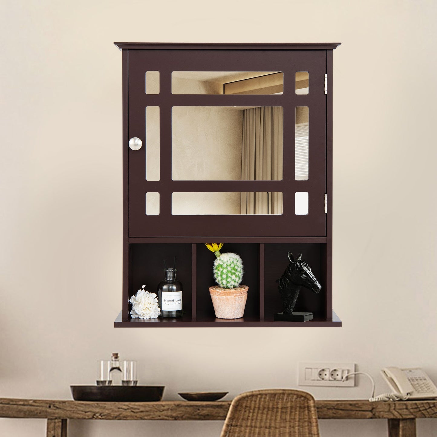 Mueble de baño con espejo y para montar en la pared - Marrón