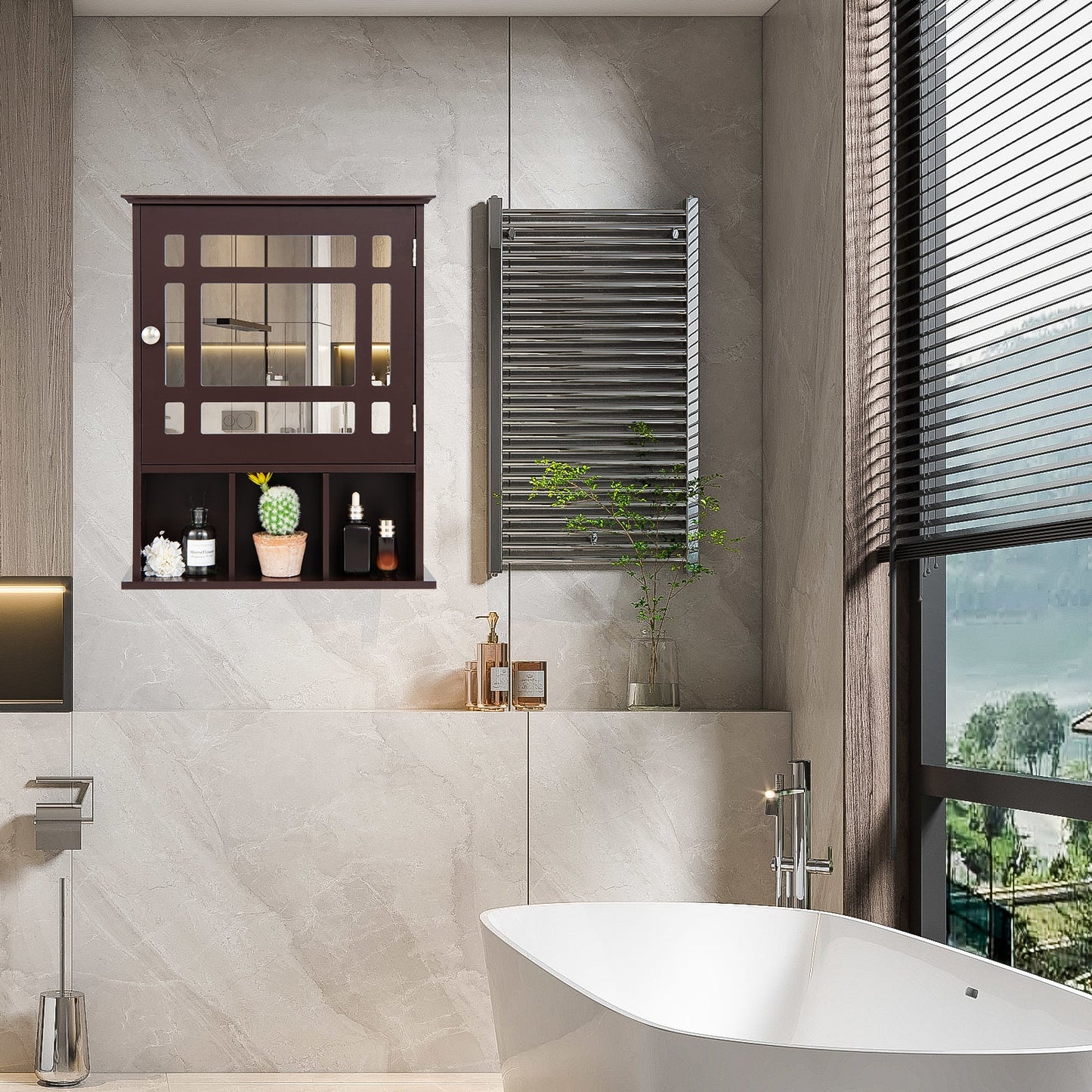 Mueble de baño con espejo y para montar en la pared - Marrón