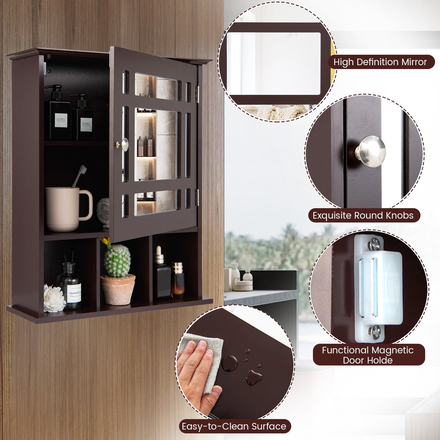 Mueble de baño con espejo y para montar en la pared - Marrón