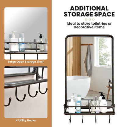Espejo de baño de pared con estante y ganchos, marco de metal resistente para dormitorio y sala de estar