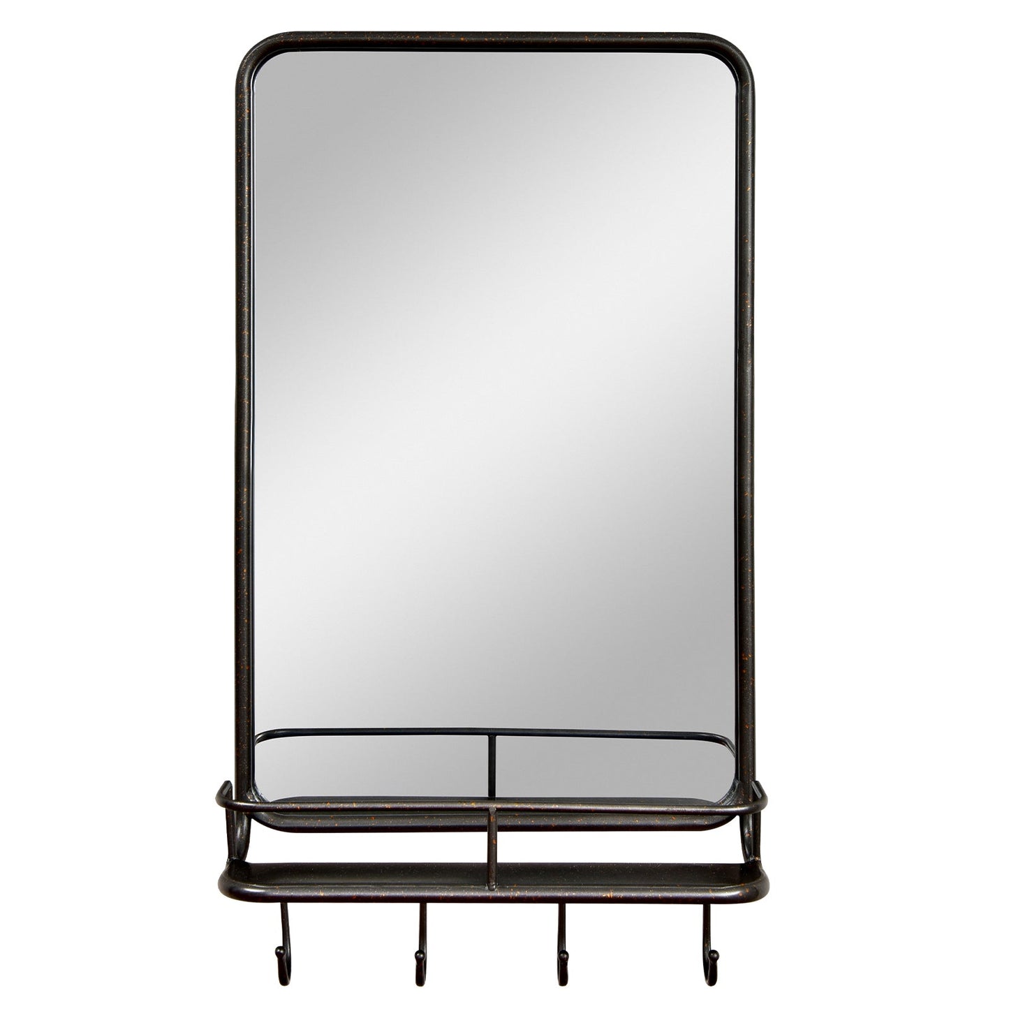 Espejo de baño de pared con estante y ganchos, marco de metal resistente para dormitorio y sala de estar