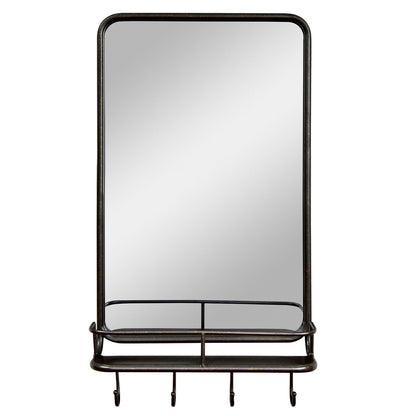 Espejo de baño de pared con estante y ganchos, marco de metal resistente para dormitorio y sala de estar