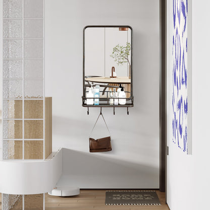 Espejo de baño de pared con estante y ganchos, marco de metal resistente para dormitorio y sala de estar