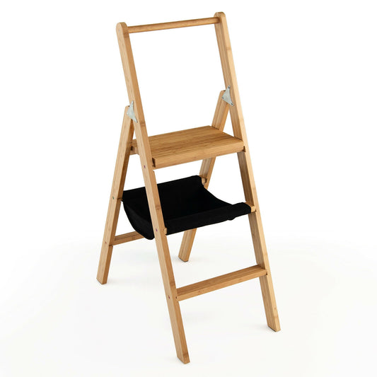 3 Step Foldable Bamboo Step Ladder Stool with Tool Storage Bag-Natural - Tampa Home & Garden Store