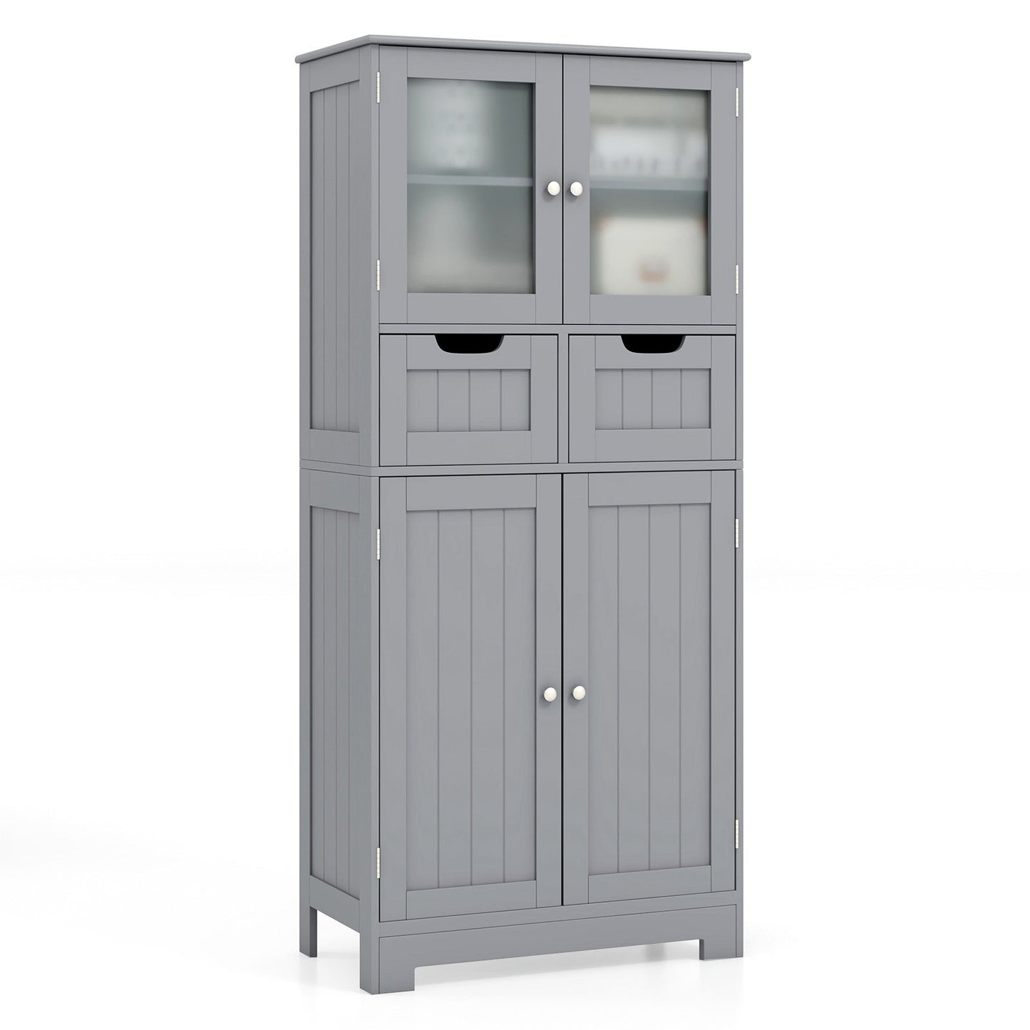 Mueble de baño independiente de 4 puertas con 2 cajones y puertas de cristal - Gris