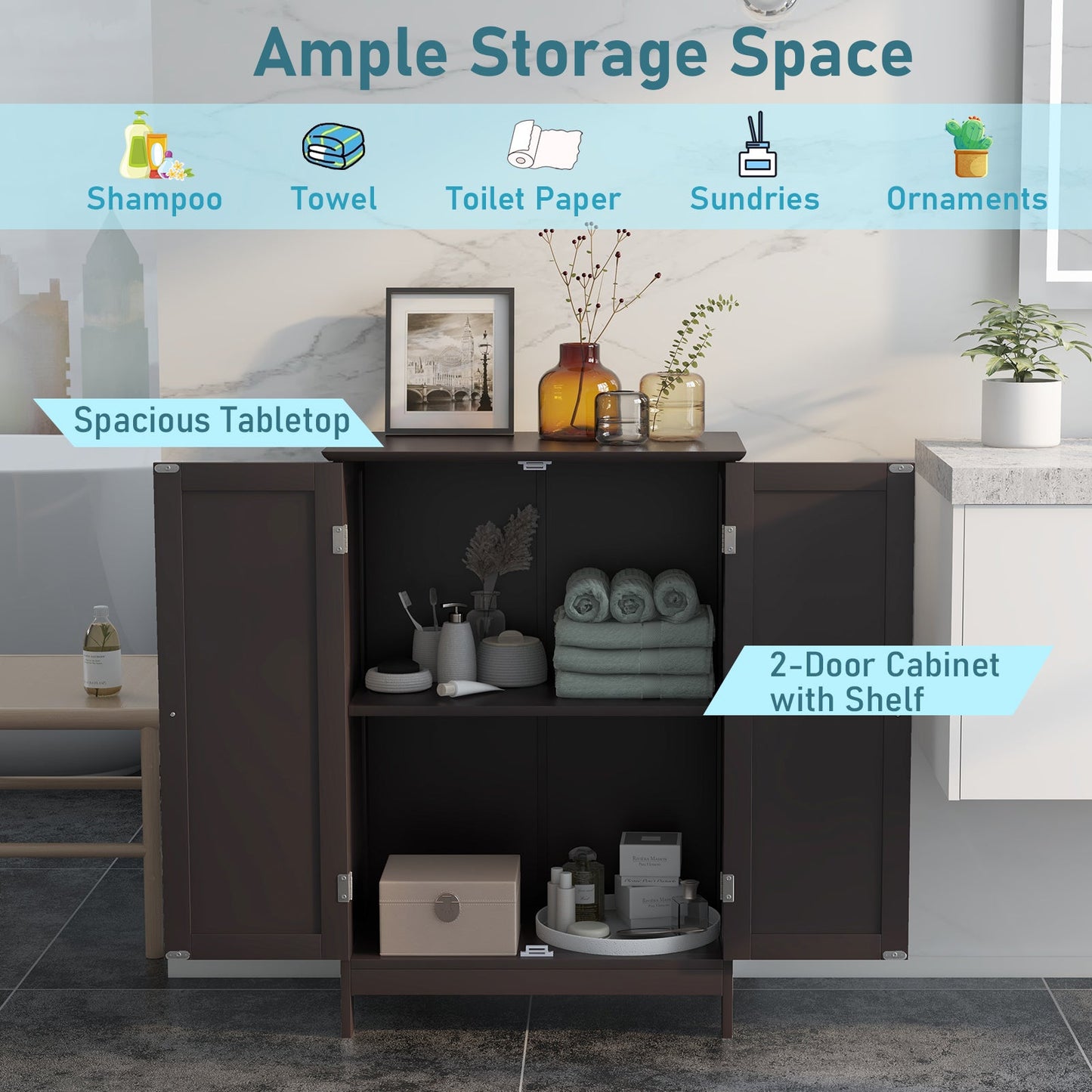 Mueble de baño con doble puerta para almacenamiento en el suelo - Marrón