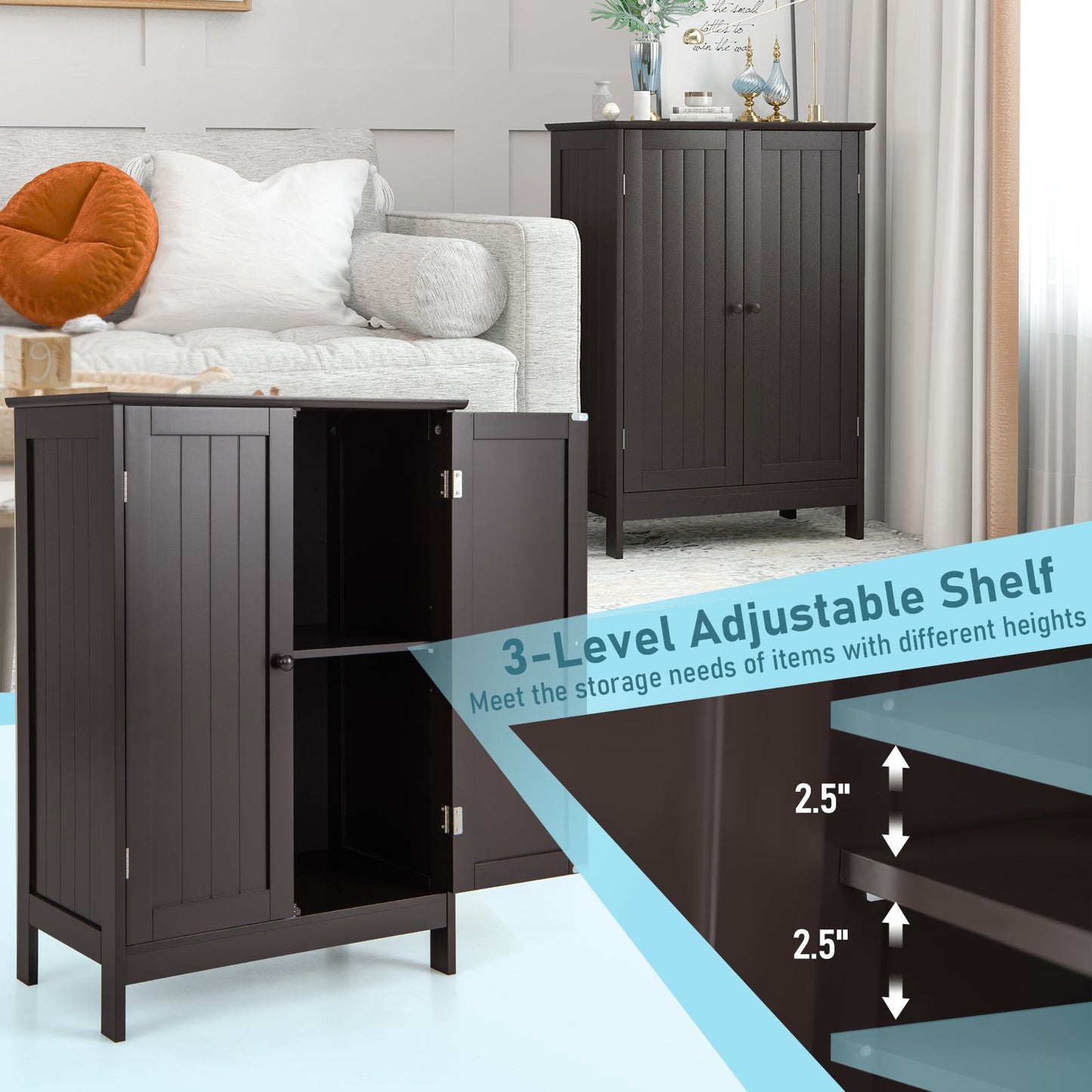 Mueble de baño con doble puerta para almacenamiento en el suelo - Marrón