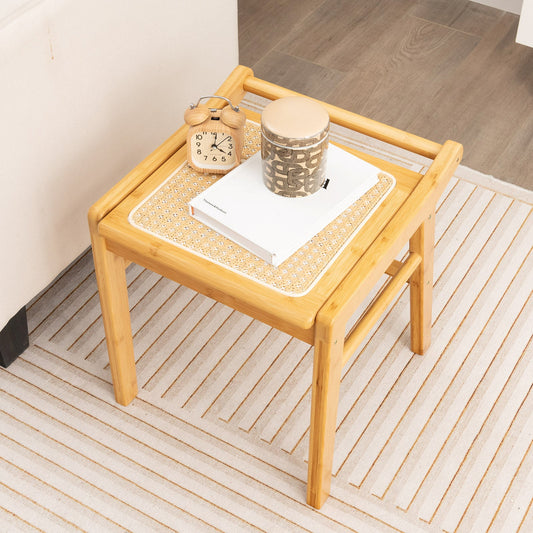 Bamboo Vanity Stool with Rattan Top and Reinforcement Bar-Natural - Tampa Home & Garden Store
