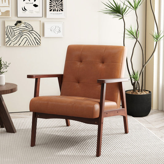 Sillón Moderno de Mediados de Siglo con Estructura de Madera de Caucho Sólida y Funda de Cuero-Marrón