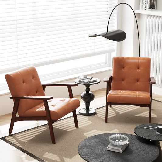Sillón Moderno de Mediados de Siglo con Estructura de Madera de Caucho Sólida y Funda de Cuero-Marrón