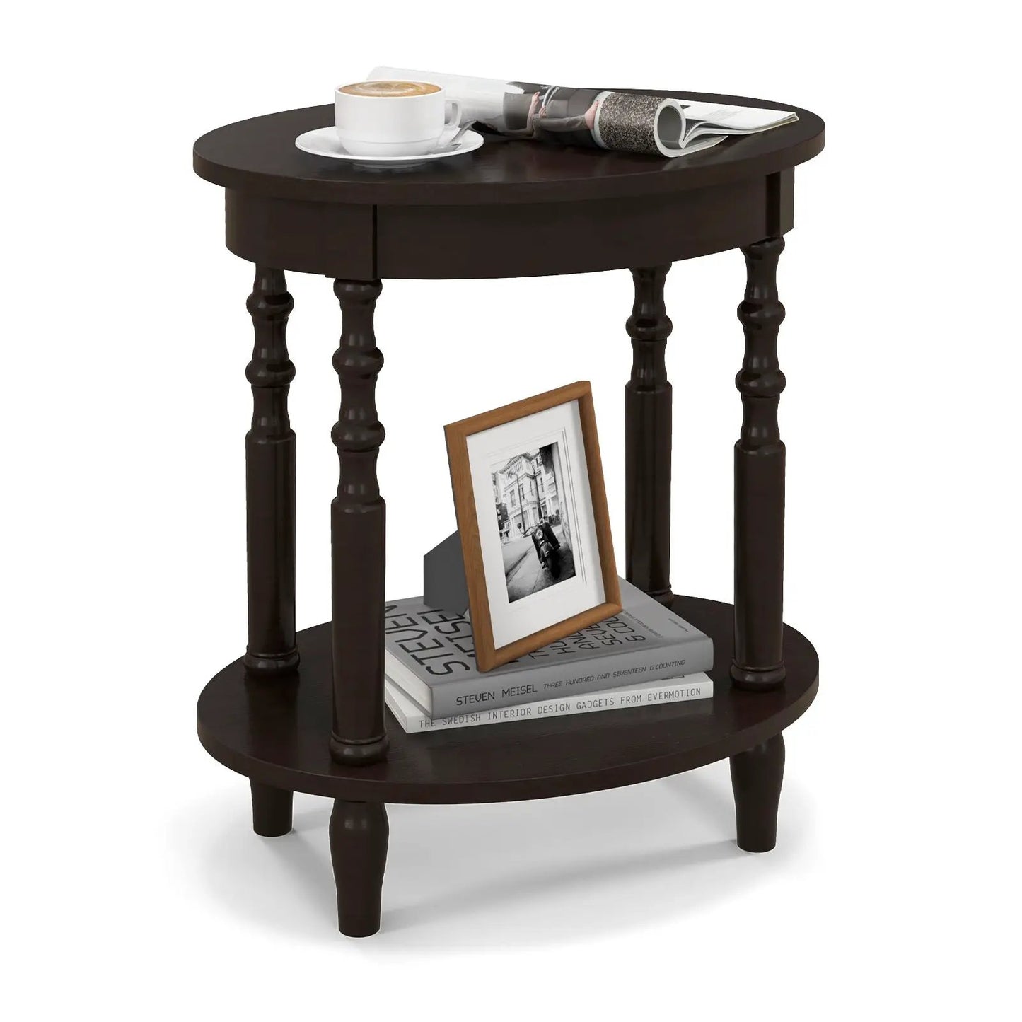 Oval Side Table With Storage Shelf and Wood Legs