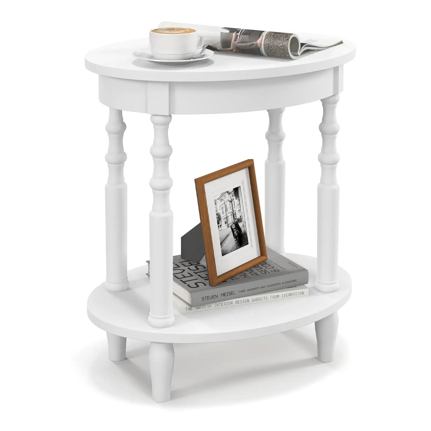 Oval Side Table With Storage Shelf and Wood Legs