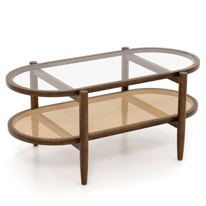 Mesa de centro de 2 niveles con tapa de cristal templado y estructura de madera de acacia-Marrón