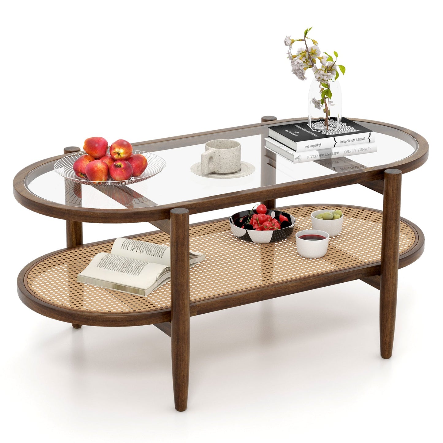 Mesa de centro de 2 niveles con tapa de cristal templado y estructura de madera de acacia-Marrón
