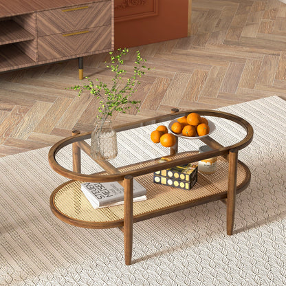 Mesa de centro de 2 niveles con tapa de cristal templado y estructura de madera de acacia-Marrón