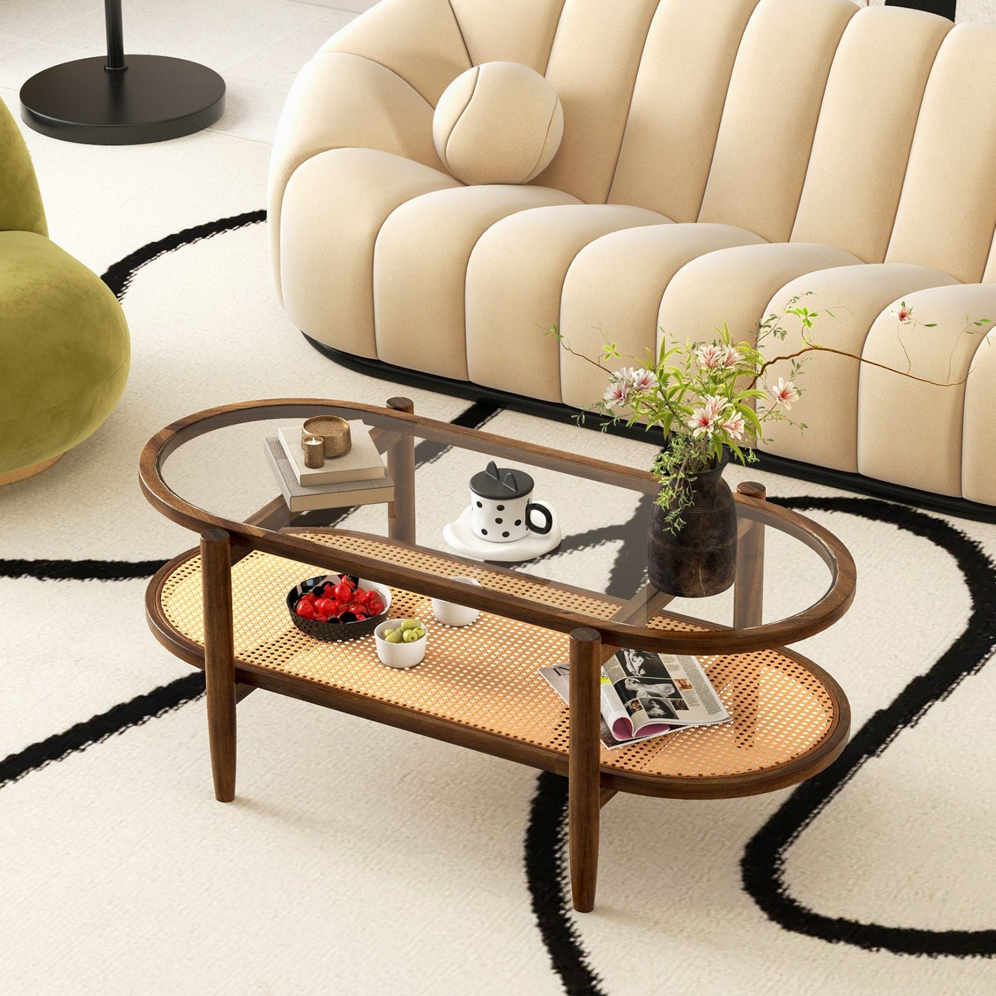 Mesa de centro de 2 niveles con tapa de cristal templado y estructura de madera de acacia-Marrón