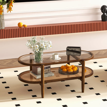 Mesa de centro de 2 niveles con tapa de cristal templado y estructura de madera de acacia-Marrón