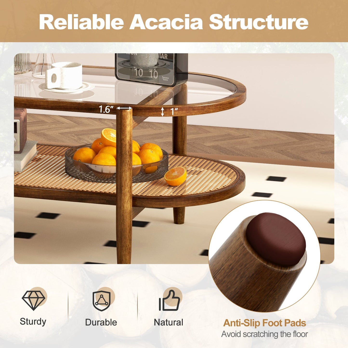 Mesa de centro de 2 niveles con tapa de cristal templado y estructura de madera de acacia-Marrón