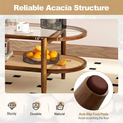 Mesa de centro de 2 niveles con tapa de cristal templado y estructura de madera de acacia-Marrón