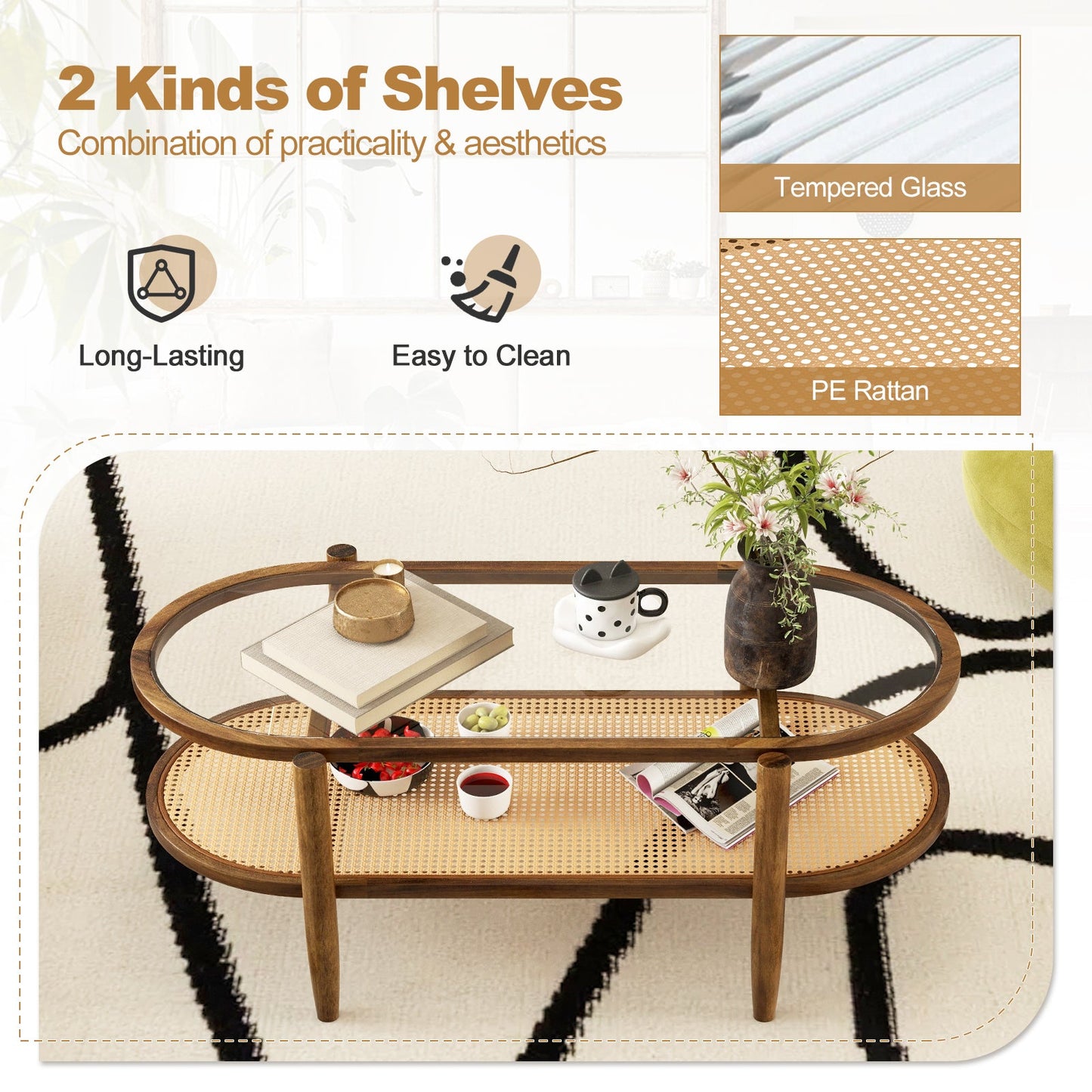 Mesa de centro de 2 niveles con tapa de cristal templado y estructura de madera de acacia-Marrón