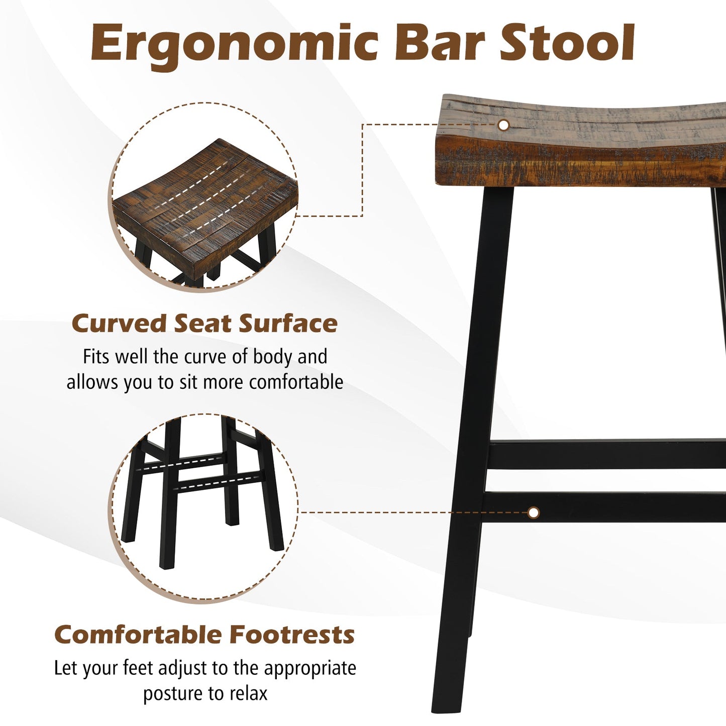 24 Inch Solid Wood Saddle-Seat with Curved Seat Surface and Comfortable Footrests