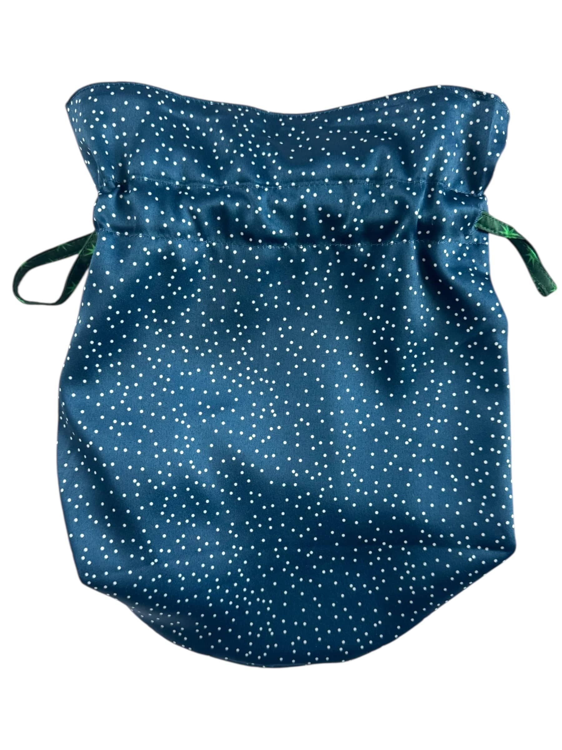 Reversible medium reusable fabric gift bag blue with white polka dots green ribbon ties on Tampa Home & Garden Store