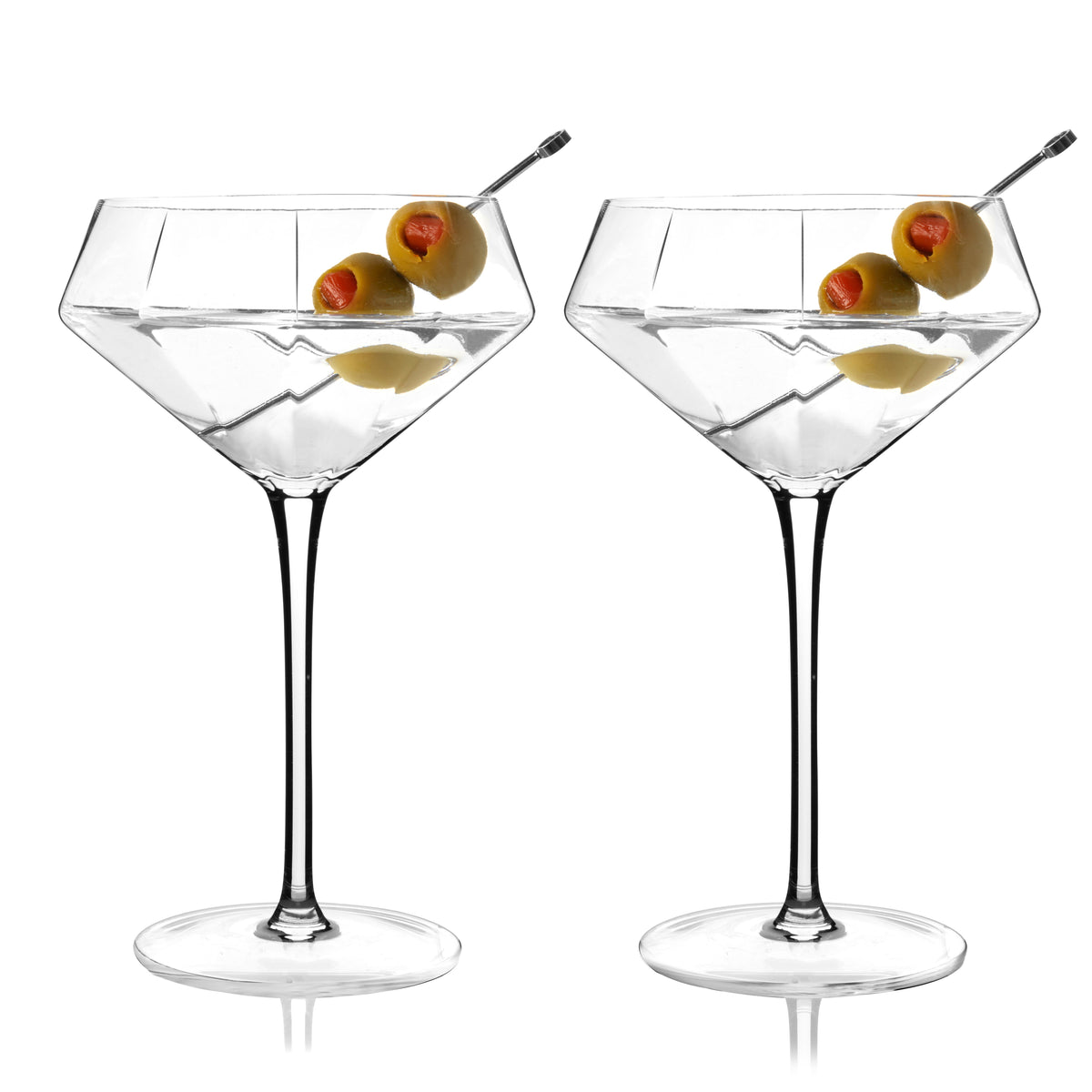 Seneca Diamond Crystal Martini Glasses set of 2, clear stemmed glasses with olive skewers on Tampa Home & Garden Store