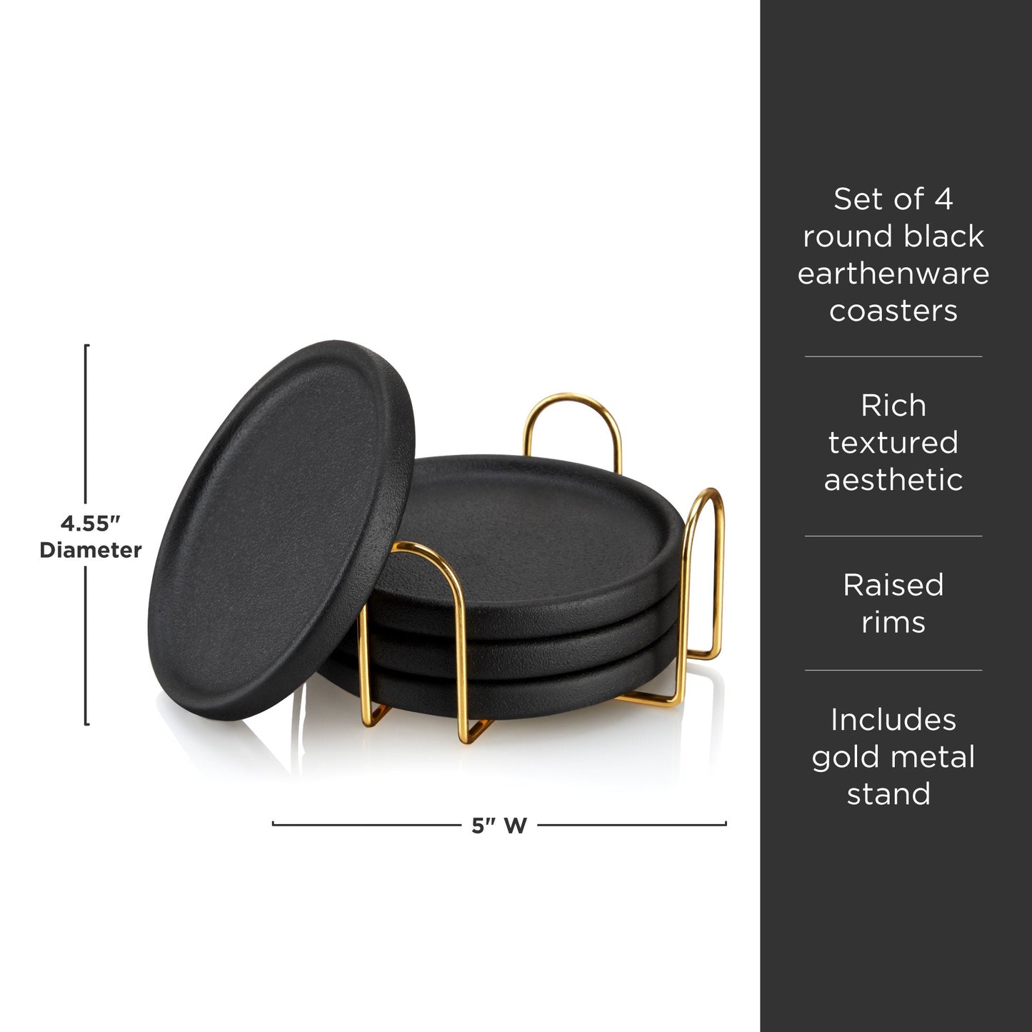 Black Earthenware Coasters with Gold Stand Set of 4
