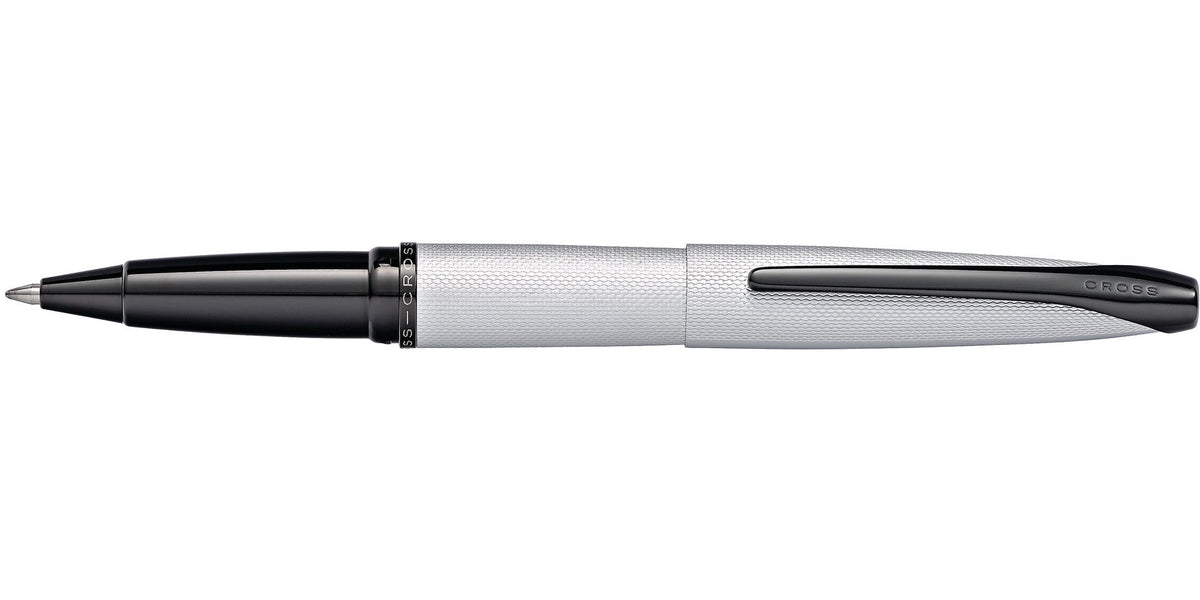 ATX Brushed Chrome Rollerball Pen by A.T. Cross, silver metal body with black cap and clip on Tampa Home & Garden Store