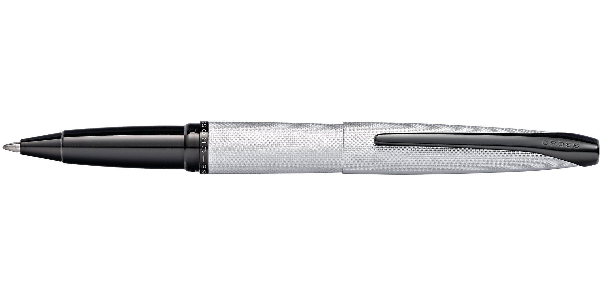 ATX Brushed Chrome Rollerball Pen by A.T. Cross, silver metal body with black cap and clip on Tampa Home & Garden Store