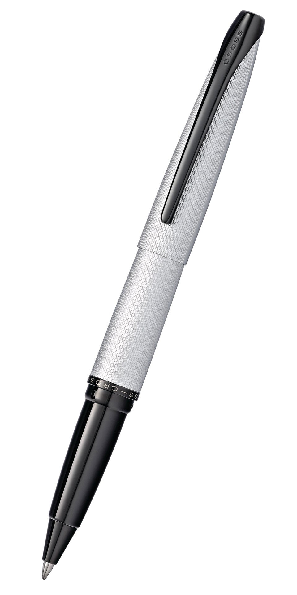 ATX Brushed Chrome Rollerball Pen by A.T. Cross with textured silver barrel and black cap on Tampa Home & Garden Store