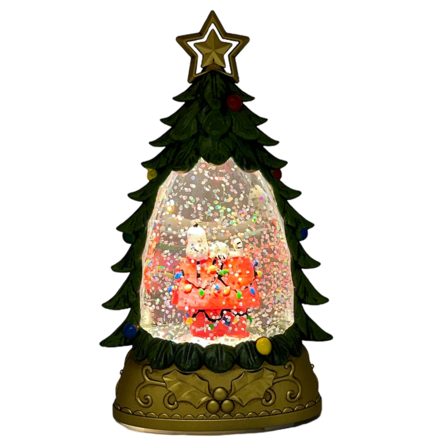 Lighted Snoopy Shimmer Tree snow globe with Snoopy on a red doghouse inside a confetti dome on Tampa Home & Garden Store