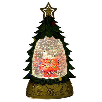 Lighted Snoopy Shimmer Tree snow globe with Snoopy on a red doghouse inside a confetti dome on Tampa Home & Garden Store