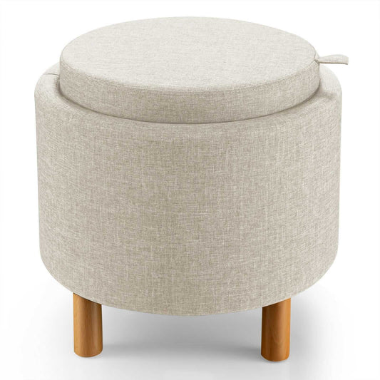 Round beige fabric storage ottoman with lid and light wooden legs on Tampa Home & Garden Store