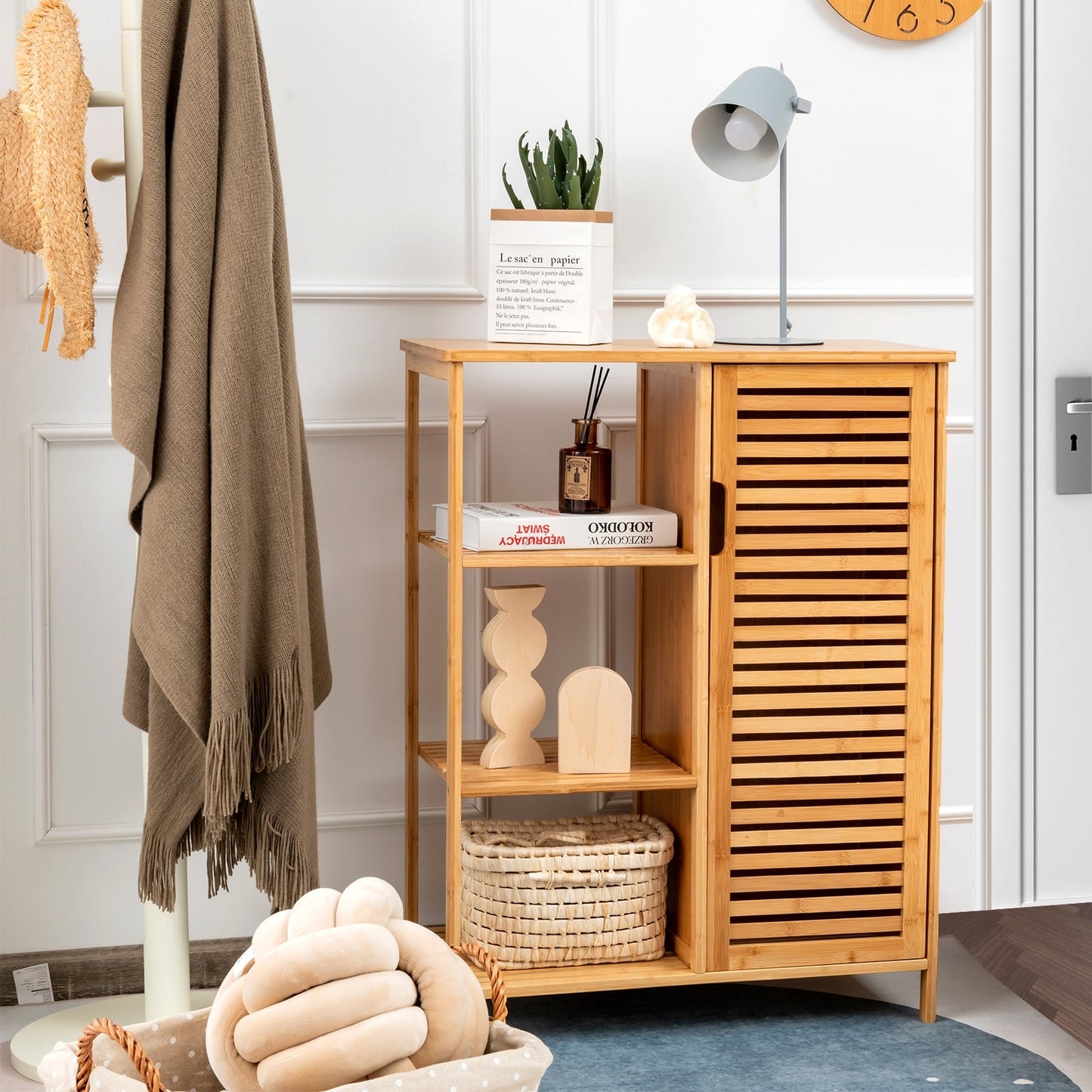 Armario de Almacenamiento de Baño de Bambú con Puerta Individual-Natural