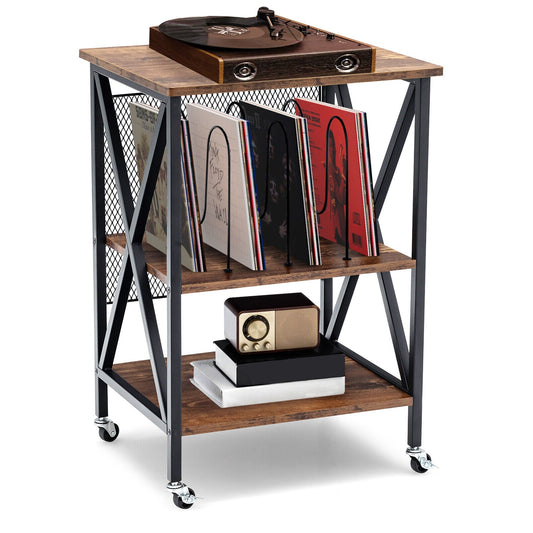 Mesa auxiliar rodante de 3 niveles estilo vintage con 3 divisores para álbumes - Marrón